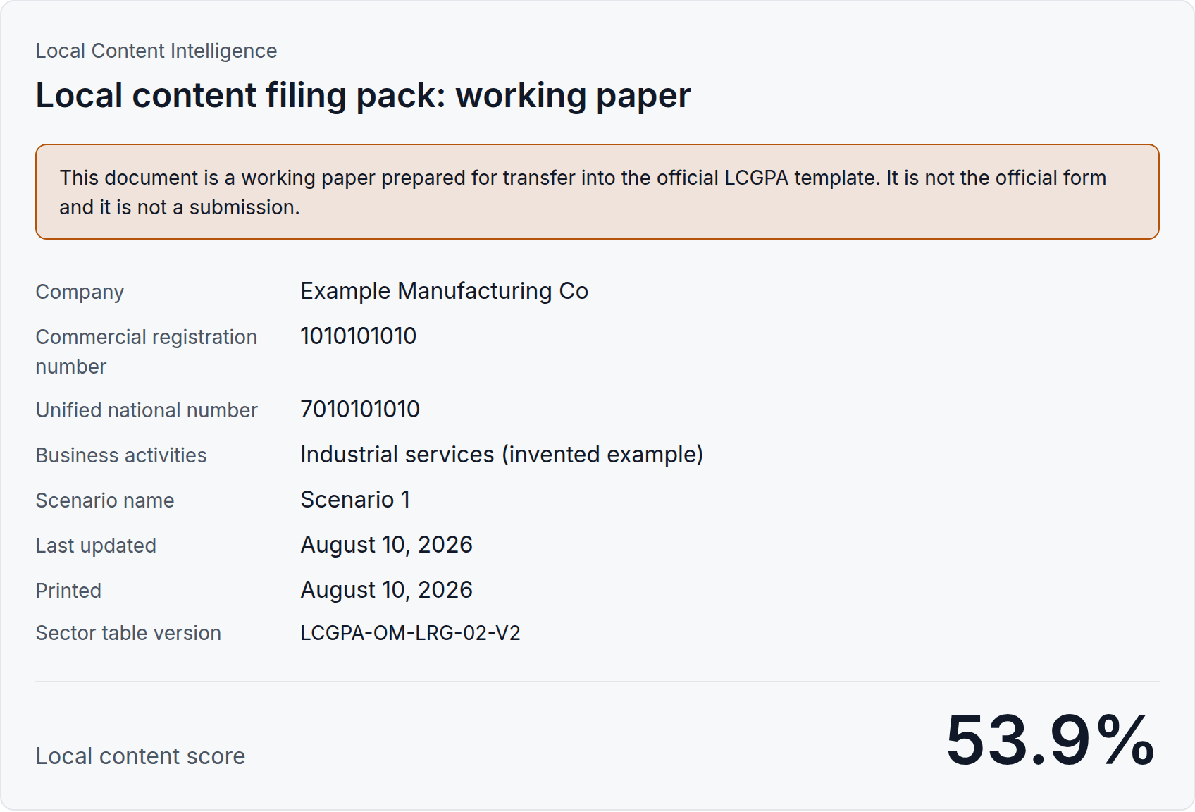 The first page of the printed filing pack: the working-paper notice, then the company's registration details and the score, laid out as a printed document.