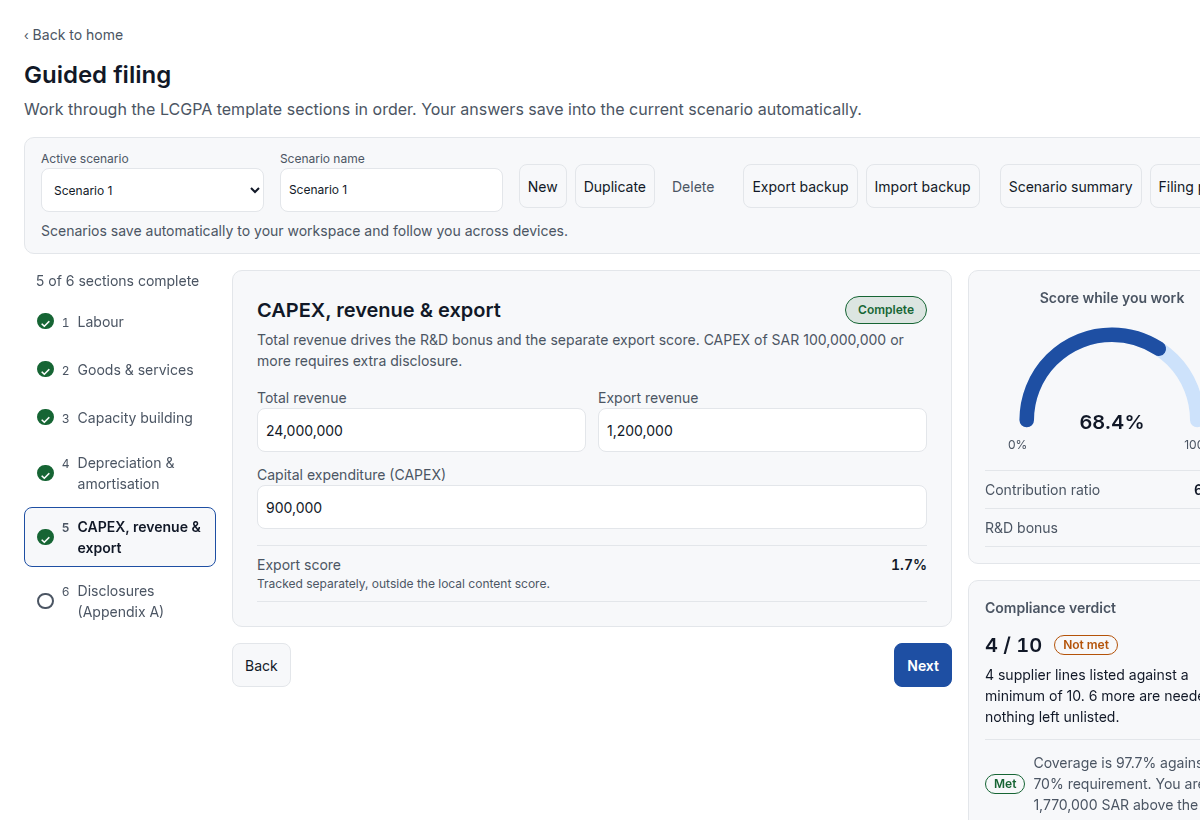 The CAPEX, revenue & export step: the three company figures the score and the disclosures draw on.