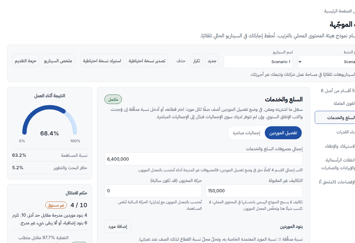 خطوة السلع والخدمات بتفصيل الموردين: صف لكل مورد بقطاعه وإنفاقه السنوي.